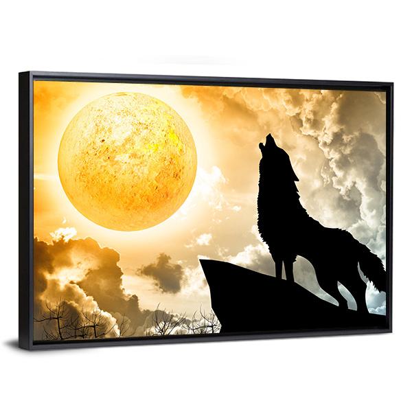 Silhouette Of Wolf Howling Canvas Wall Art-3 Horizontal-Gallery Wrap-25" x 16"-Tiaracle