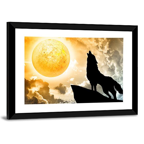 Silhouette Of Wolf Howling Canvas Wall Art-3 Horizontal-Gallery Wrap-25" x 16"-Tiaracle