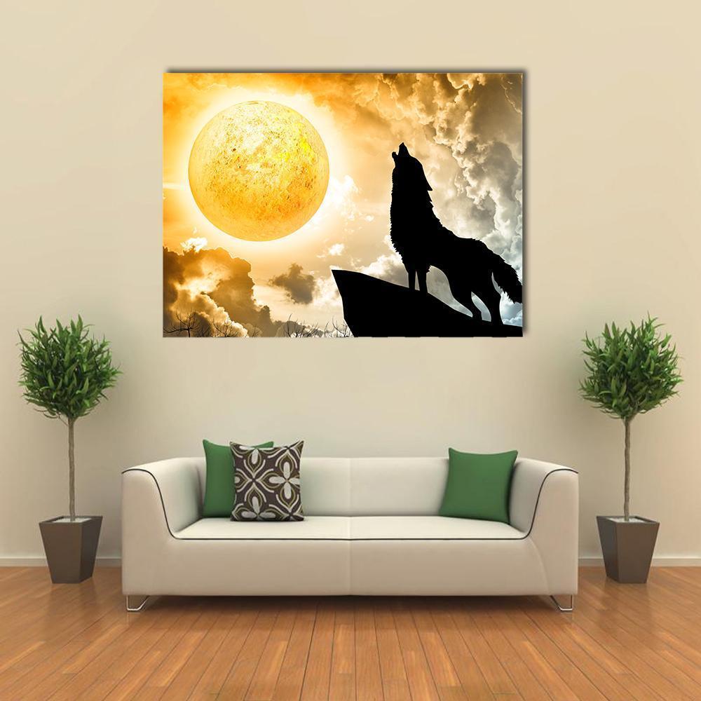 Howling Wolf with Golden Moon Canvas Wall Art in black, gold and yellow, single panel hung on a wall