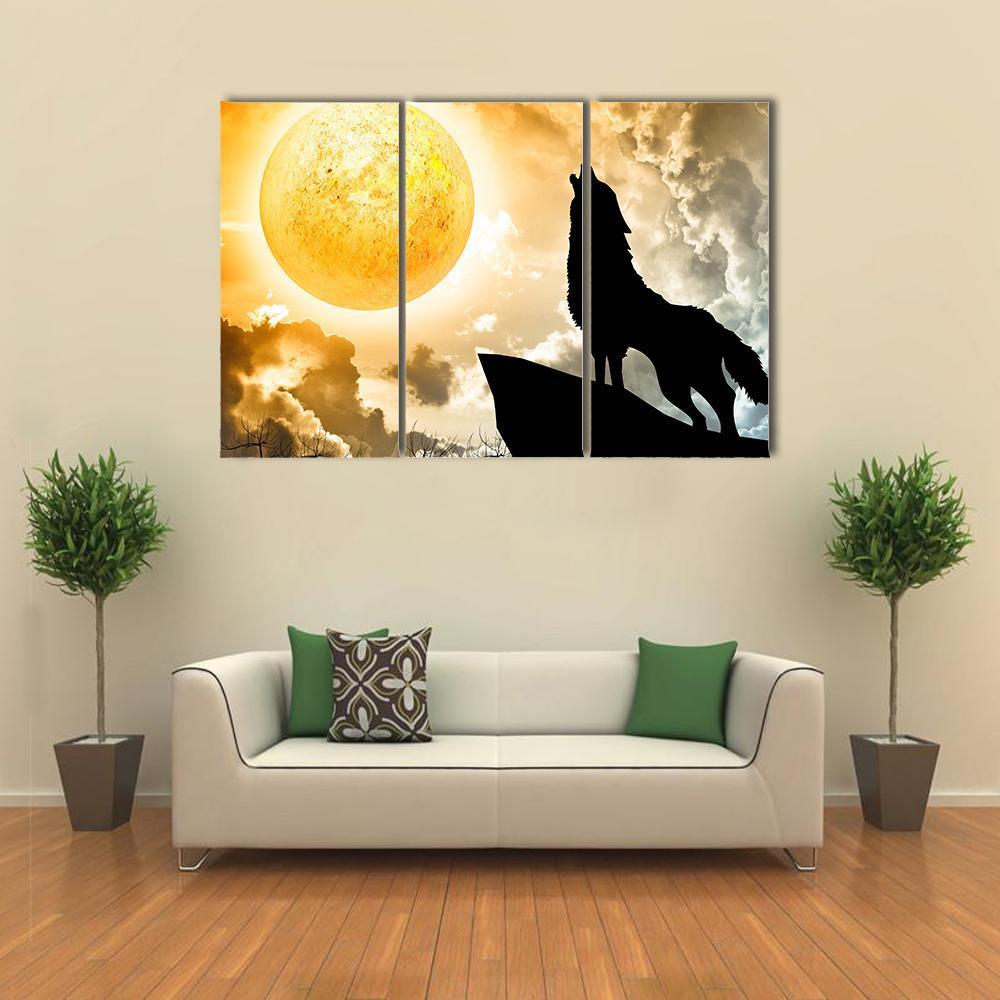 Silhouette Of Wolf Howling Canvas Wall Art-3 Horizontal-Gallery Wrap-37" x 24"-Tiaracle