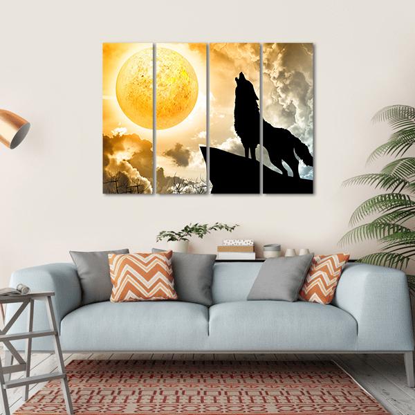 Silhouette Of Wolf Howling Canvas Wall Art-4 Horizontal-Gallery Wrap-34" x 24"-Tiaracle