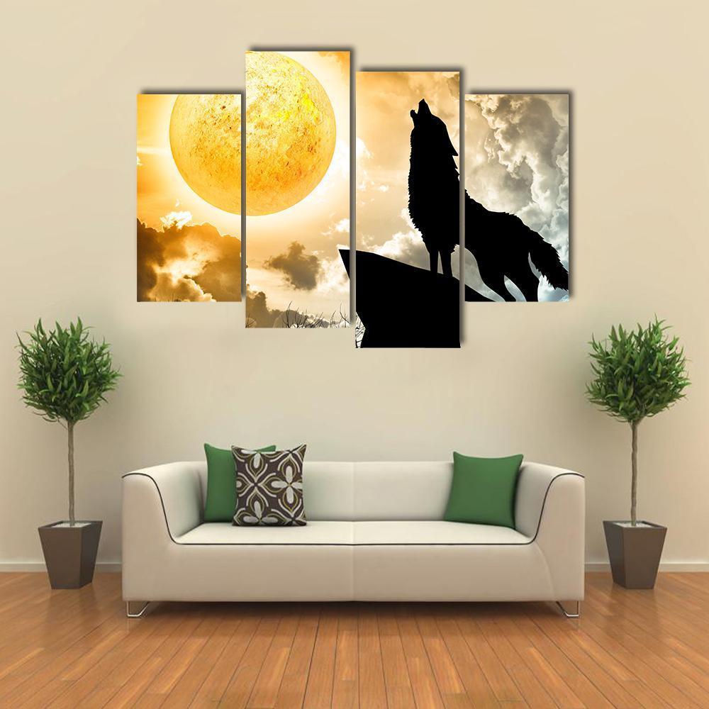 Silhouette Of Wolf Howling Canvas Wall Art-4 Pop-Gallery Wrap-50" x 32"-Tiaracle