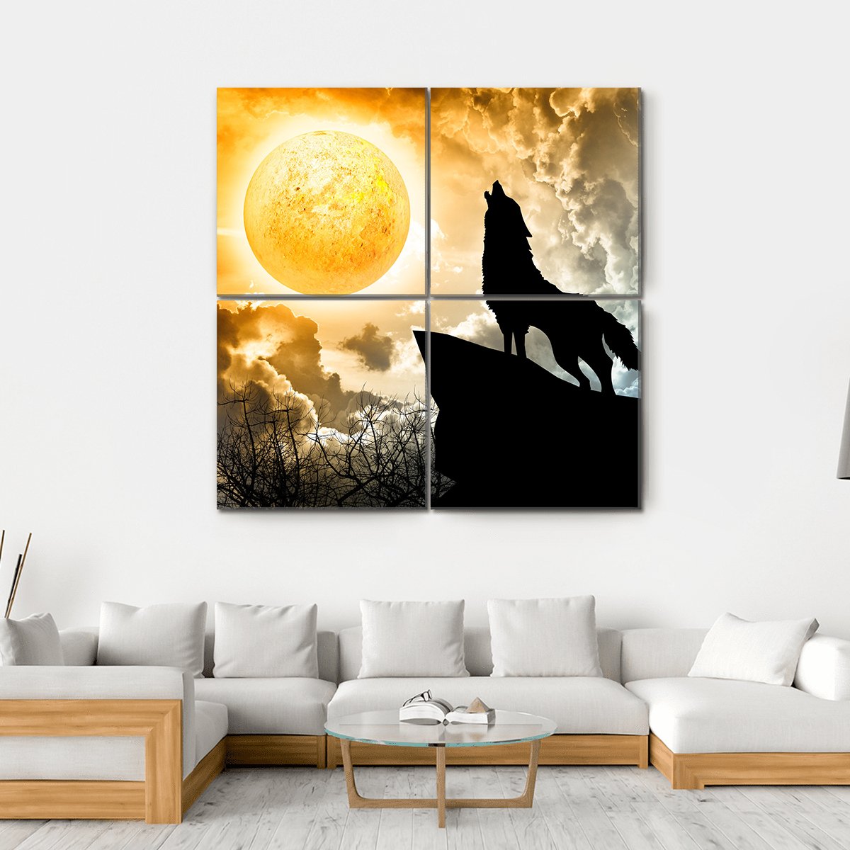 Silhouette Of Wolf Howling Canvas Wall Art-4 Square-Gallery Wrap-17" x 17"-Tiaracle