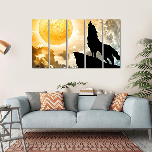 Silhouette Of Wolf Howling Canvas Wall Art-5 Horizontal-Gallery Wrap-22" x 12"-Tiaracle