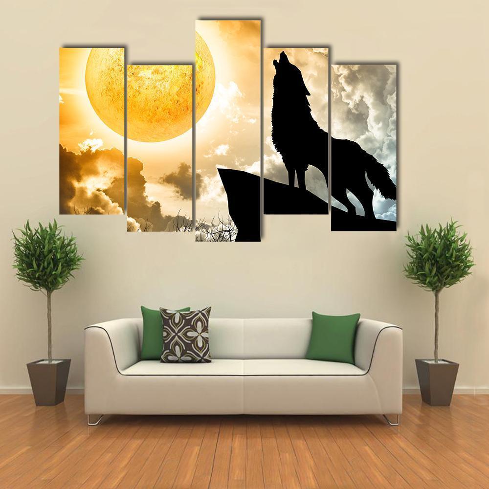 Silhouette Of Wolf Howling Canvas Wall Art-5 Pop-Gallery Wrap-47" x 32"-Tiaracle
