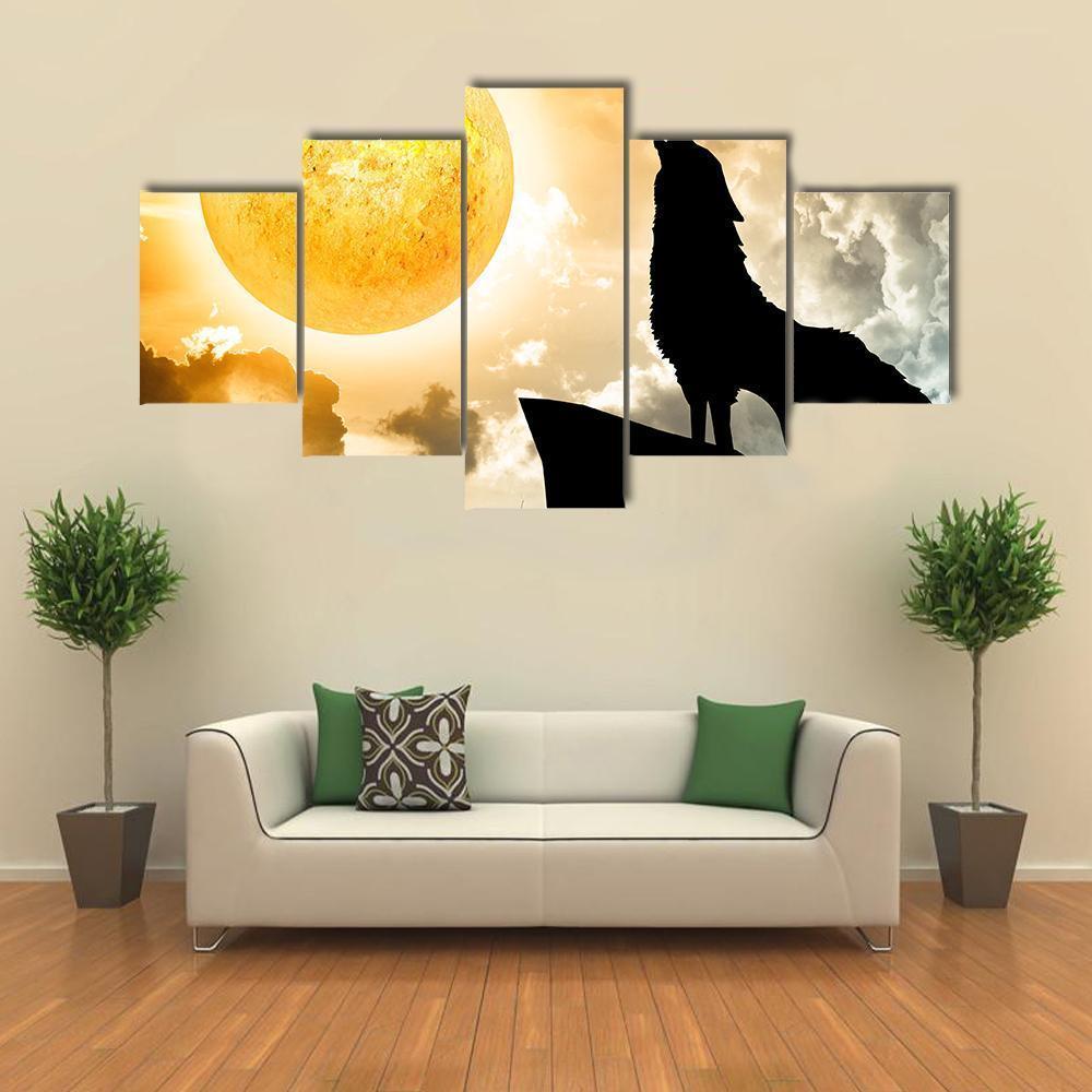 Silhouette Of Wolf Howling Canvas Wall Art-5 Star-Gallery Wrap-62" x 32"-Tiaracle