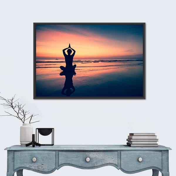 Silhouette Of Woman Practicing Yoga At The Seaside Canvas Wall Art-1 Piece-Floating Frame-24" x 16"-Tiaracle