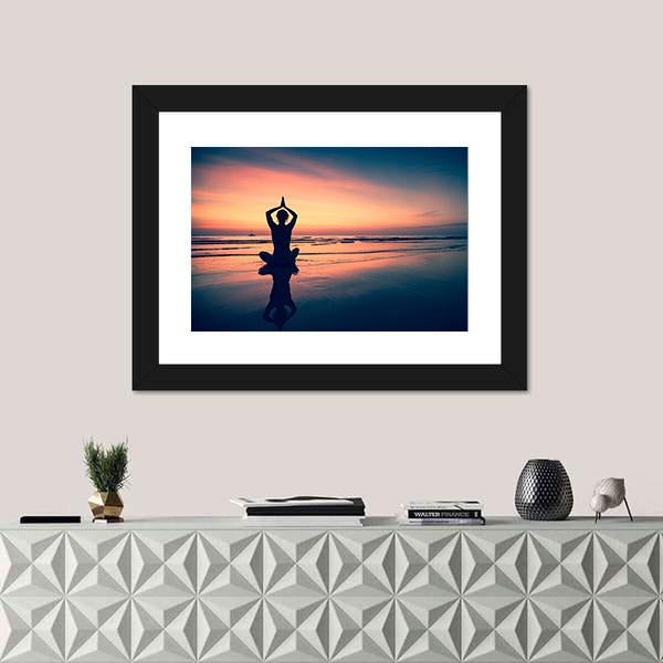 Silhouette Of Woman Practicing Yoga At The Seaside Canvas Wall Art-1 Piece-Framed Print-20&quot; x 16&quot;-Tiaracle