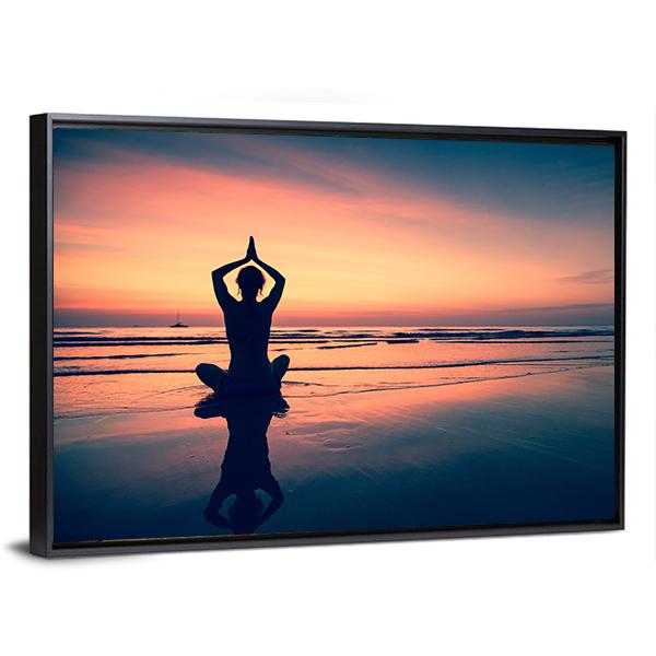 Silhouette Of Woman Practicing Yoga At The Seaside Canvas Wall Art-3 Horizontal-Gallery Wrap-25&quot; x 16&quot;-Tiaracle