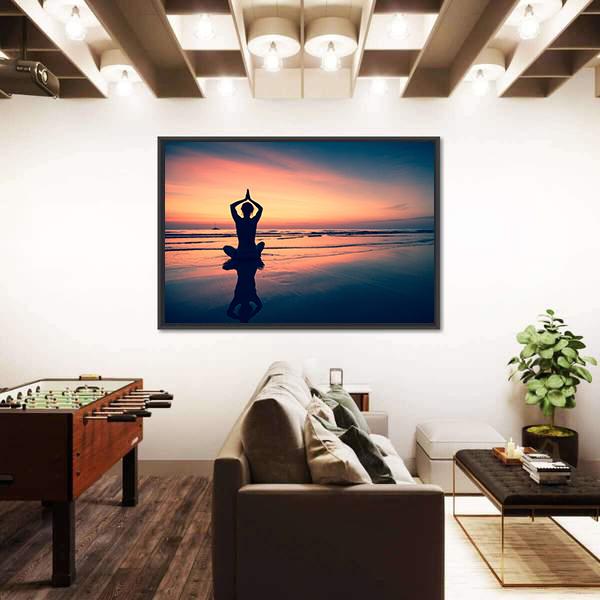 Silhouette Of Woman Practicing Yoga At The Seaside Canvas Wall Art-5 Horizontal-Gallery Wrap-22" x 12"-Tiaracle