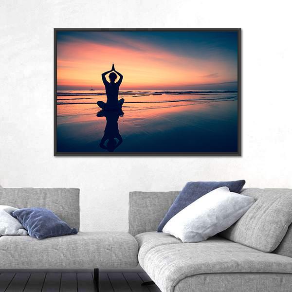 Silhouette Of Woman Practicing Yoga At The Seaside Canvas Wall Art-5 Horizontal-Gallery Wrap-22" x 12"-Tiaracle