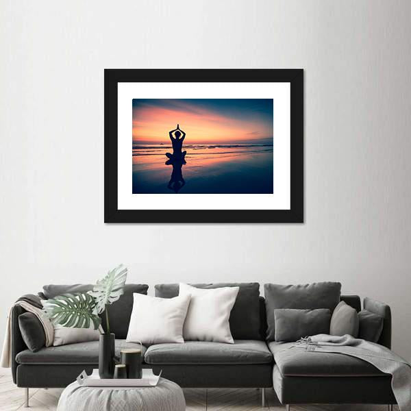 Silhouette Of Woman Practicing Yoga At The Seaside Canvas Wall Art-5 Horizontal-Gallery Wrap-22" x 12"-Tiaracle