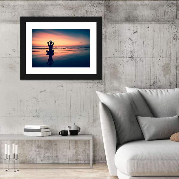 Silhouette Of Woman Practicing Yoga At The Seaside Canvas Wall Art-5 Horizontal-Gallery Wrap-22" x 12"-Tiaracle