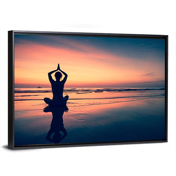 Silhouette Of Woman Practicing Yoga At The Seaside Canvas Wall Art-5 Horizontal-Gallery Wrap-22" x 12"-Tiaracle