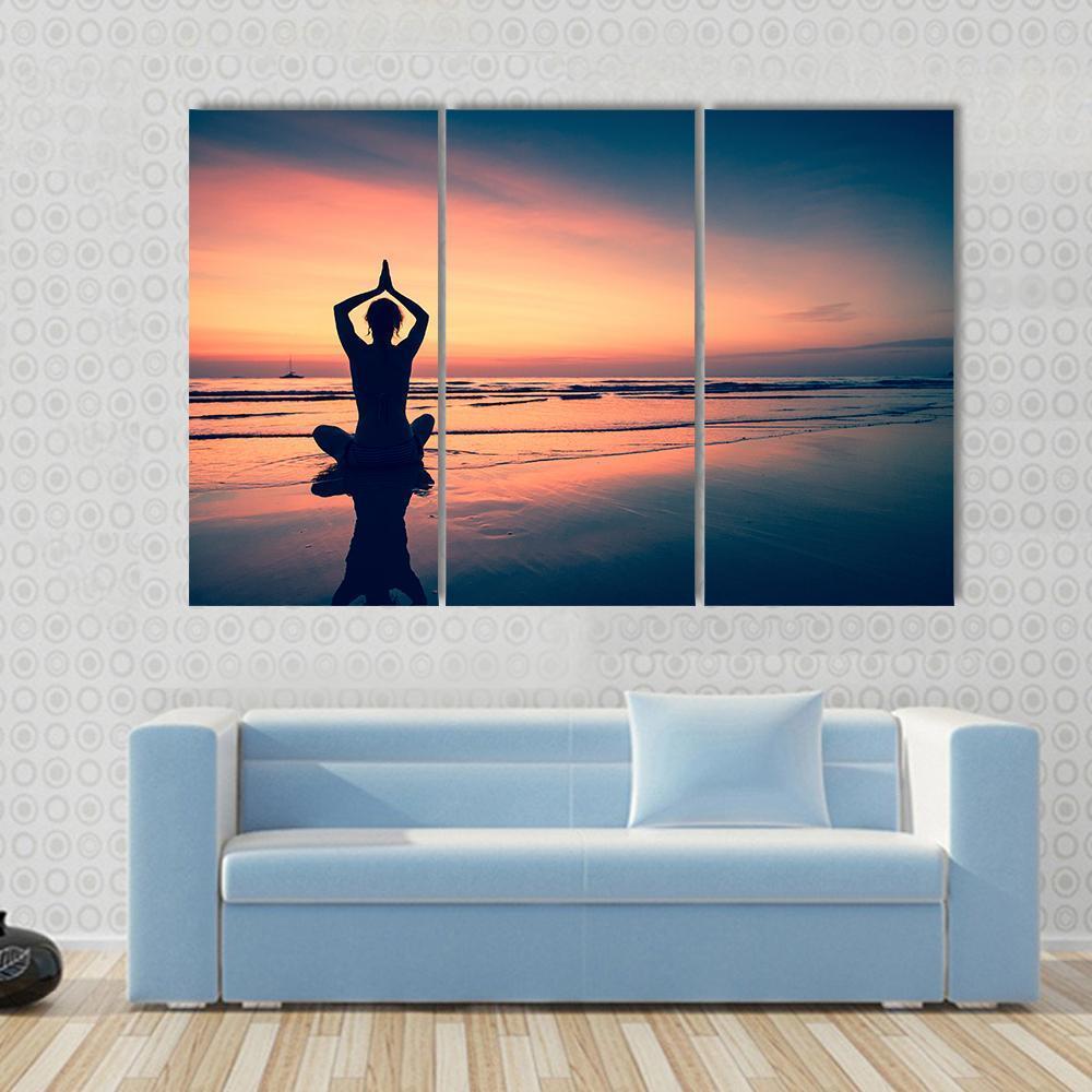 Silhouette Of Woman Practicing Yoga At The Seaside Canvas Wall Art-3 Horizontal-Gallery Wrap-37&quot; x 24&quot;-Tiaracle