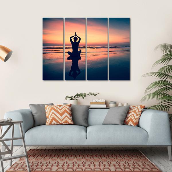 Silhouette Of Woman Practicing Yoga At The Seaside Canvas Wall Art-4 Horizontal-Gallery Wrap-34" x 24"-Tiaracle