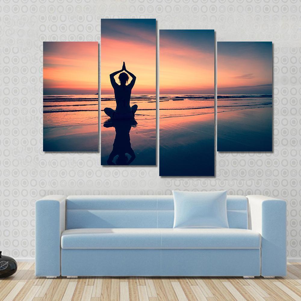 Silhouette Of Woman Practicing Yoga At The Seaside Canvas Wall Art-4 Pop-Gallery Wrap-50&quot; x 32&quot;-Tiaracle