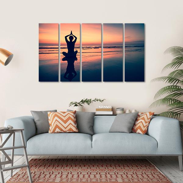 Silhouette Of Woman Practicing Yoga At The Seaside Canvas Wall Art-5 Horizontal-Gallery Wrap-22" x 12"-Tiaracle