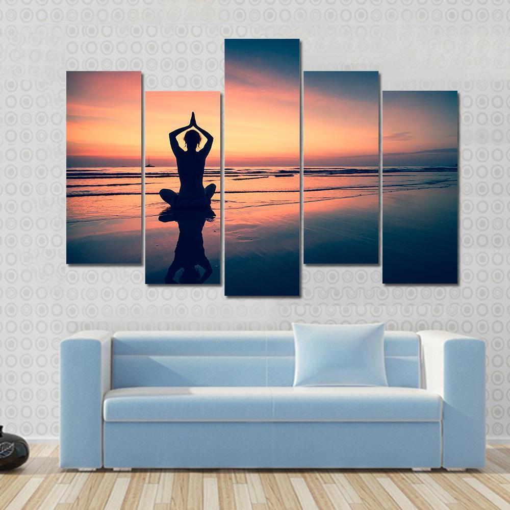 Silhouette Of Woman Practicing Yoga At The Seaside Canvas Wall Art-5 Pop-Gallery Wrap-47" x 32"-Tiaracle