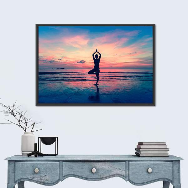 Silhouette Of Woman Standing At Yoga Pose On The Beach Canvas Wall Art-1 Piece-Floating Frame-24" x 16"-Tiaracle