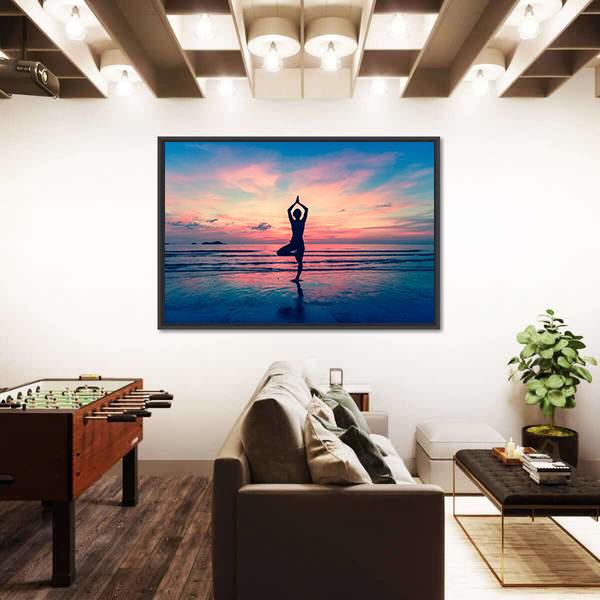 Silhouette Of Woman Standing At Yoga Pose On The Beach Canvas Wall Art-5 Horizontal-Gallery Wrap-22" x 12"-Tiaracle