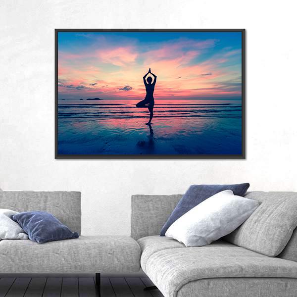 Silhouette Of Woman Standing At Yoga Pose On The Beach Canvas Wall Art-5 Horizontal-Gallery Wrap-22" x 12"-Tiaracle