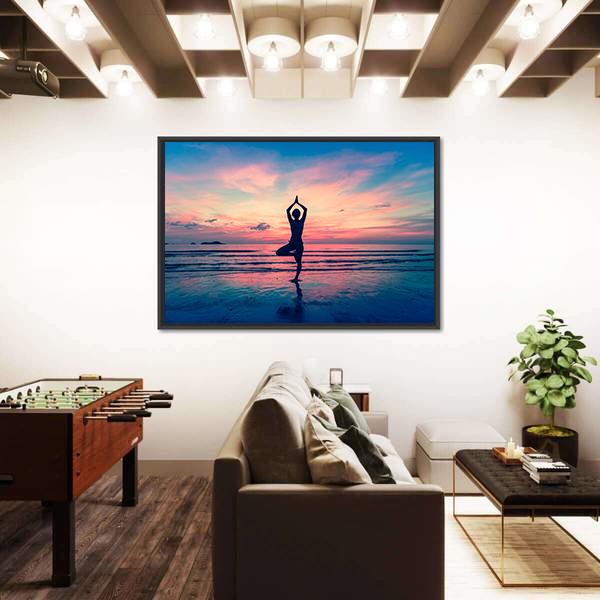 Silhouette Of Woman Standing At Yoga Pose On The Beach Canvas Wall Art-3 Horizontal-Gallery Wrap-25&quot; x 16&quot;-Tiaracle