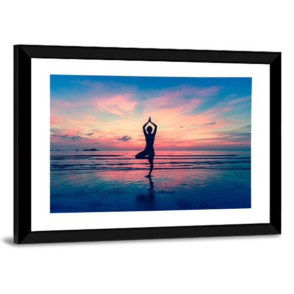 Silhouette Of Woman Standing At Yoga Pose On The Beach Canvas Wall Art-5 Horizontal-Gallery Wrap-22" x 12"-Tiaracle