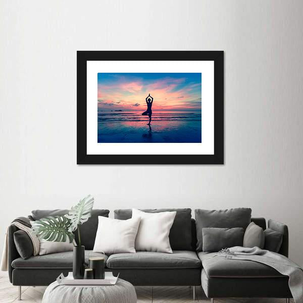 Silhouette Of Woman Standing At Yoga Pose On The Beach Canvas Wall Art-5 Horizontal-Gallery Wrap-22" x 12"-Tiaracle