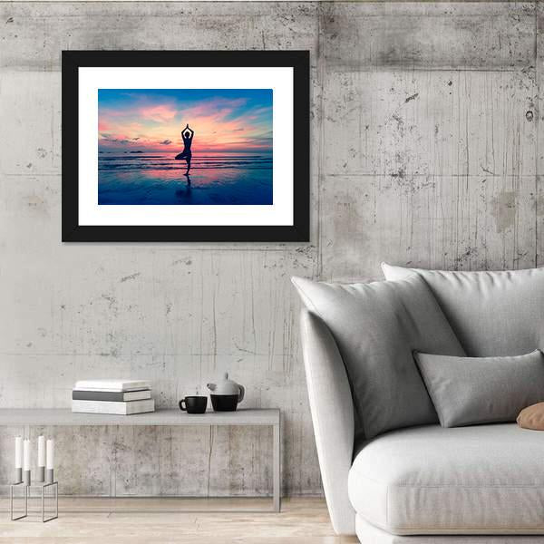 Silhouette Of Woman Standing At Yoga Pose On The Beach Canvas Wall Art-5 Horizontal-Gallery Wrap-22" x 12"-Tiaracle