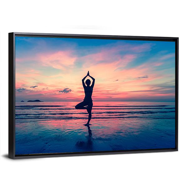 Silhouette Of Woman Standing At Yoga Pose On The Beach Canvas Wall Art-5 Horizontal-Gallery Wrap-22" x 12"-Tiaracle