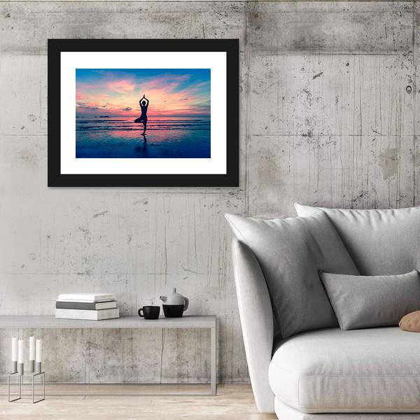 Silhouette Of Woman Standing At Yoga Pose On The Beach Canvas Wall Art-3 Horizontal-Gallery Wrap-25&quot; x 16&quot;-Tiaracle