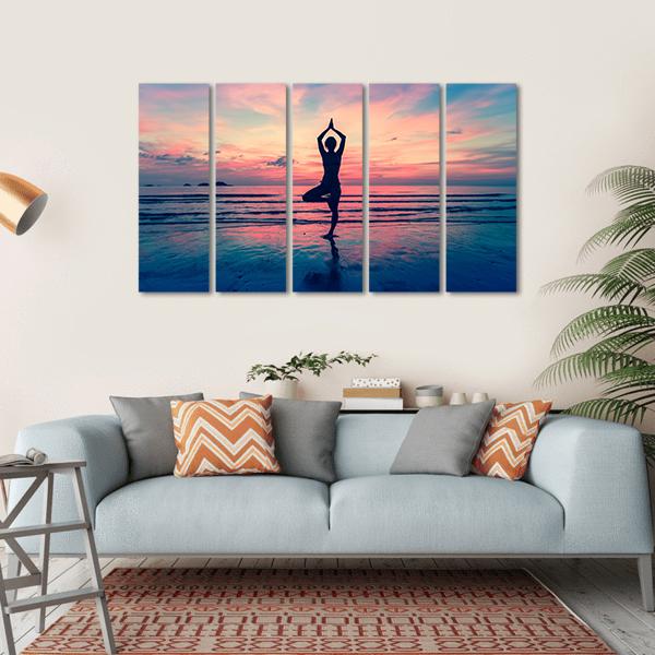 Silhouette Of Woman Standing At Yoga Pose On The Beach Canvas Wall Art-5 Horizontal-Gallery Wrap-22" x 12"-Tiaracle