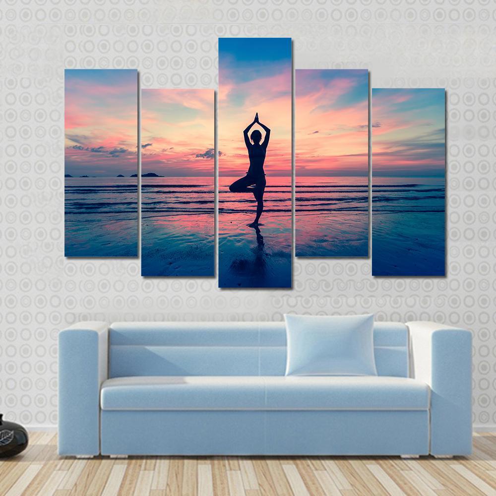 Silhouette Of Woman Standing At Yoga Pose On The Beach Canvas Wall Art-5 Pop-Gallery Wrap-47&quot; x 32&quot;-Tiaracle