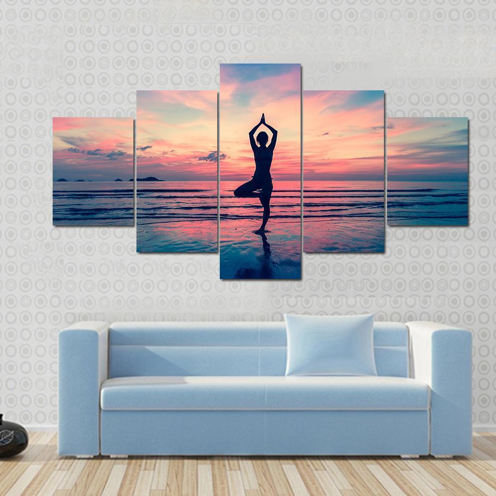 Silhouette Of Woman Standing At Yoga Pose On The Beach Canvas Wall Art-5 Pop-Gallery Wrap-47" x 32"-Tiaracle