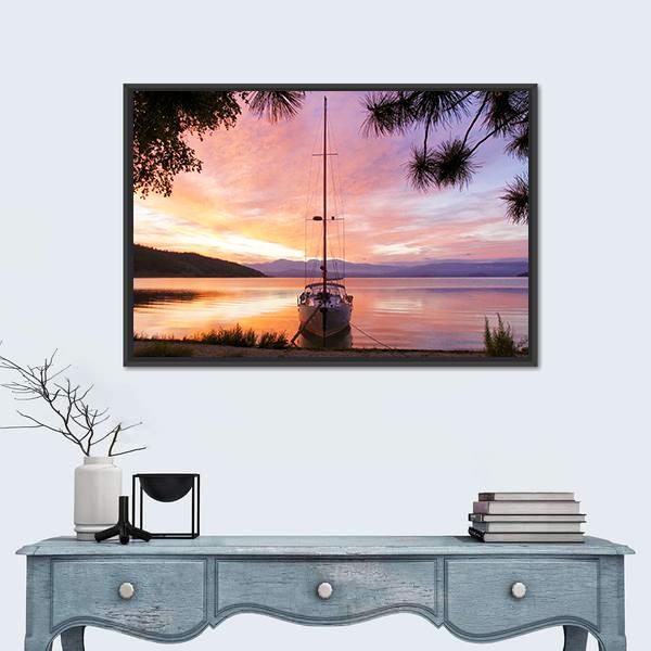 Silhouette Of Yacht On Lake Baikal Canvas Wall Art-1 Piece-Floating Frame-24" x 16"-Tiaracle