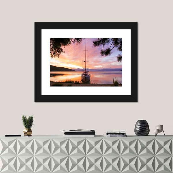 Silhouette Of Yacht On Lake Baikal Canvas Wall Art-1 Piece-Framed Print-20" x 16"-Tiaracle