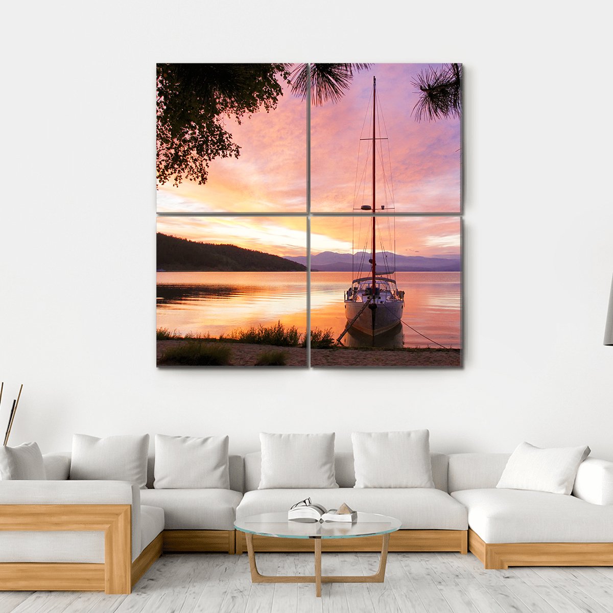 Silhouette Of Yacht On Lake Baikal Canvas Wall Art-4 Square-Gallery Wrap-17" x 17"-Tiaracle