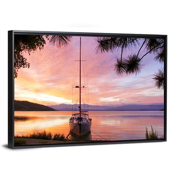 Silhouette Of Yacht On Lake Baikal Canvas Wall Art-3 Horizontal-Gallery Wrap-25" x 16"-Tiaracle