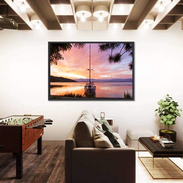 Silhouette Of Yacht On Lake Baikal Canvas Wall Art-5 Horizontal-Gallery Wrap-22" x 12"-Tiaracle