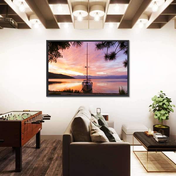 Silhouette Of Yacht On Lake Baikal Canvas Wall Art-3 Horizontal-Gallery Wrap-25" x 16"-Tiaracle