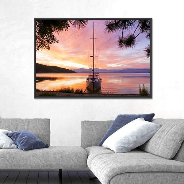 Silhouette Of Yacht On Lake Baikal Canvas Wall Art-5 Horizontal-Gallery Wrap-22" x 12"-Tiaracle