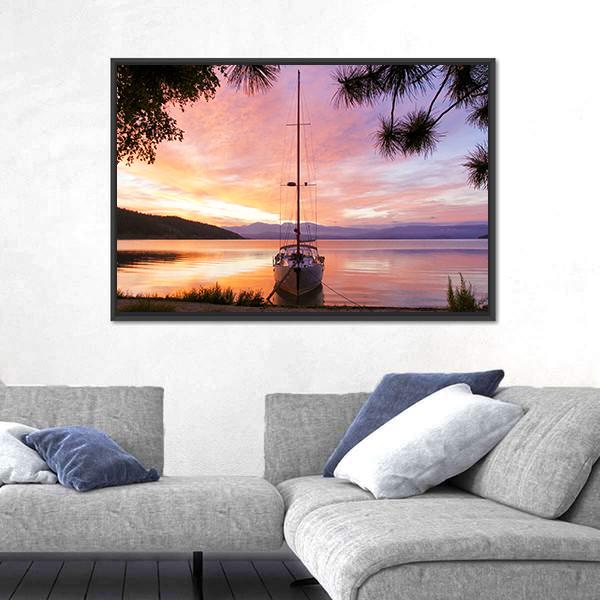 Silhouette Of Yacht On Lake Baikal Canvas Wall Art-3 Horizontal-Gallery Wrap-25" x 16"-Tiaracle