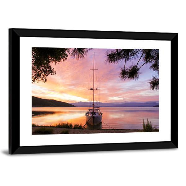 Silhouette Of Yacht On Lake Baikal Canvas Wall Art-3 Horizontal-Gallery Wrap-25" x 16"-Tiaracle