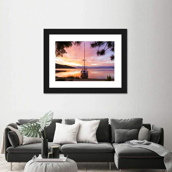 Silhouette Of Yacht On Lake Baikal Canvas Wall Art-3 Horizontal-Gallery Wrap-25" x 16"-Tiaracle