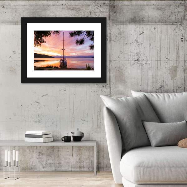 Silhouette Of Yacht On Lake Baikal Canvas Wall Art-3 Horizontal-Gallery Wrap-25" x 16"-Tiaracle