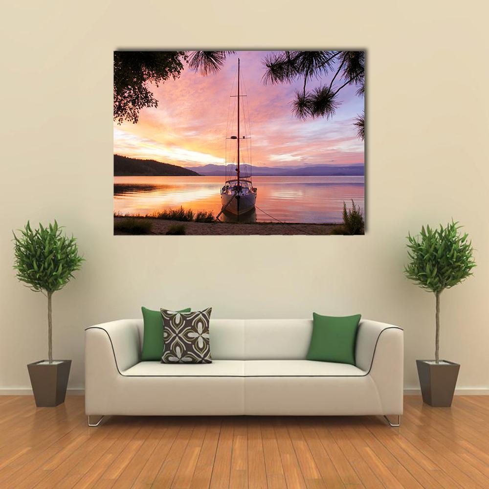 Silhouette Of Yacht On Lake Baikal Canvas Wall Art-1 Piece-Gallery Wrap-48" x 32"-Tiaracle
