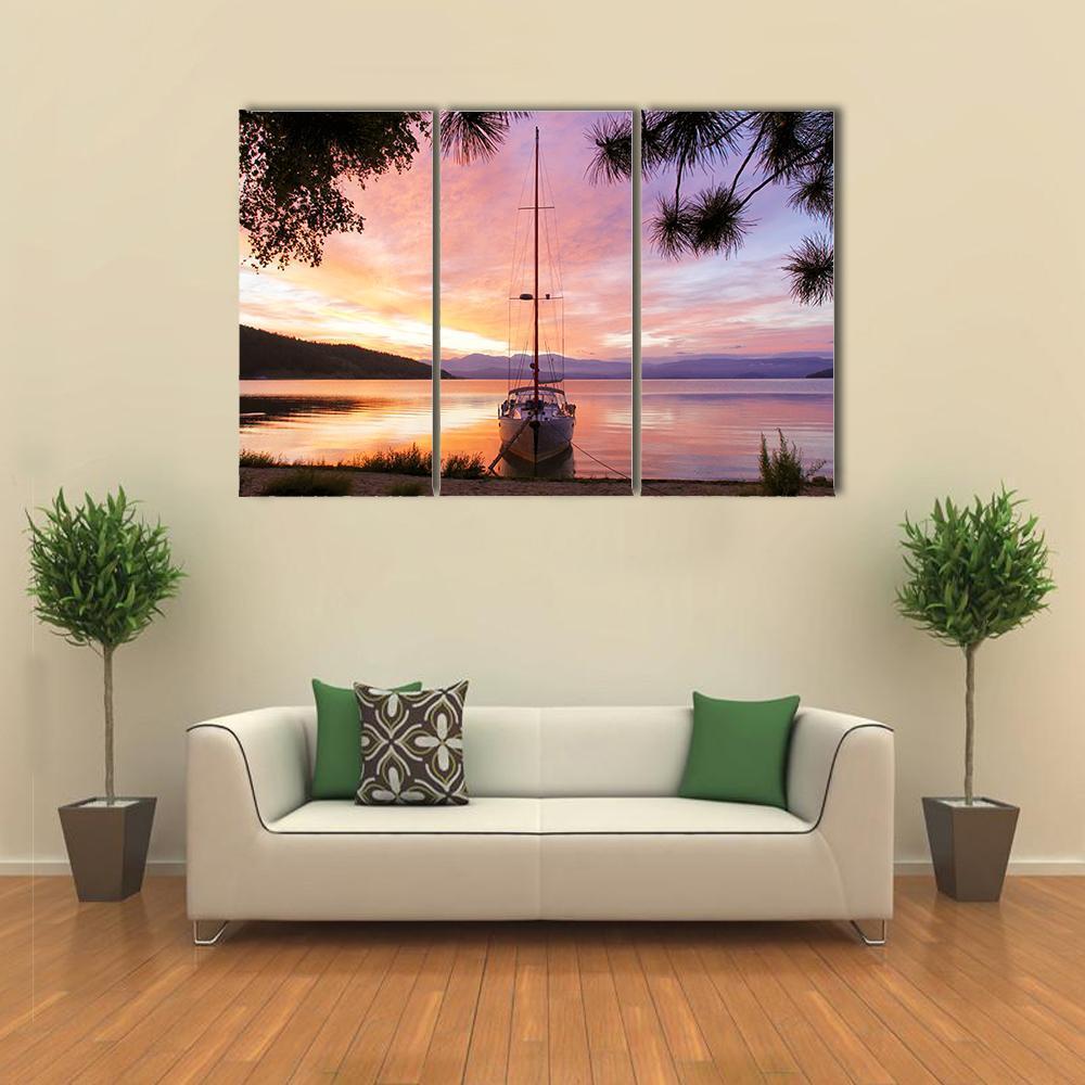 Silhouette Of Yacht On Lake Baikal Canvas Wall Art-3 Horizontal-Gallery Wrap-37" x 24"-Tiaracle
