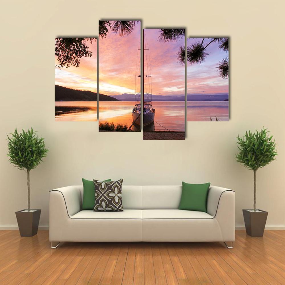 Silhouette Of Yacht On Lake Baikal Canvas Wall Art-4 Pop-Gallery Wrap-50" x 32"-Tiaracle