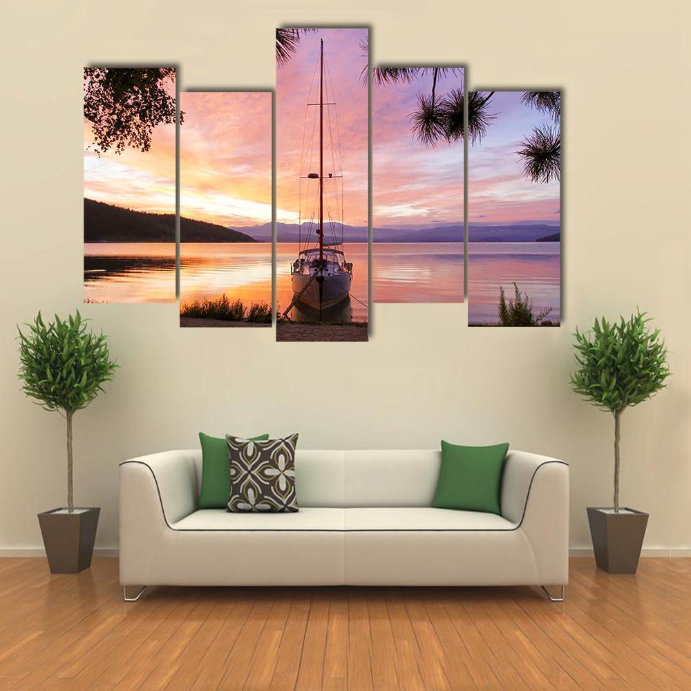 Silhouette Of Yacht On Lake Baikal Canvas Wall Art-5 Pop-Gallery Wrap-47" x 32"-Tiaracle